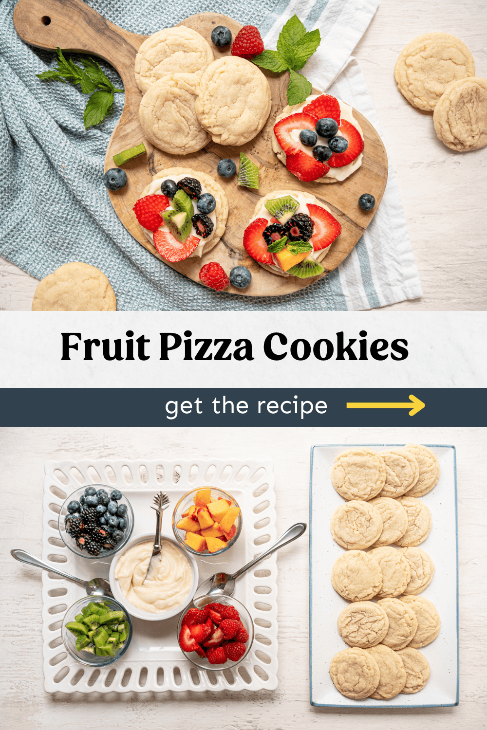 Wooden cutting board with fruit pizza cookies on top and a tray with fruit and plain cookies on the bottom.