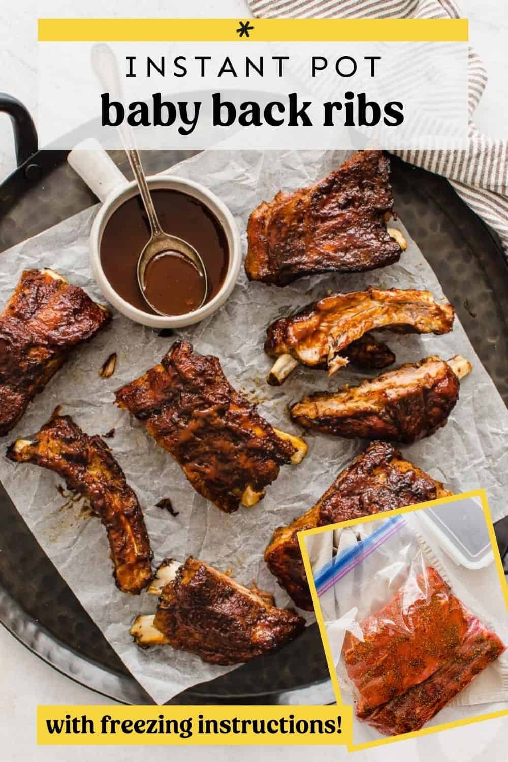 instant pot baby back ribs on a serving platter with bbq sauce on the side.