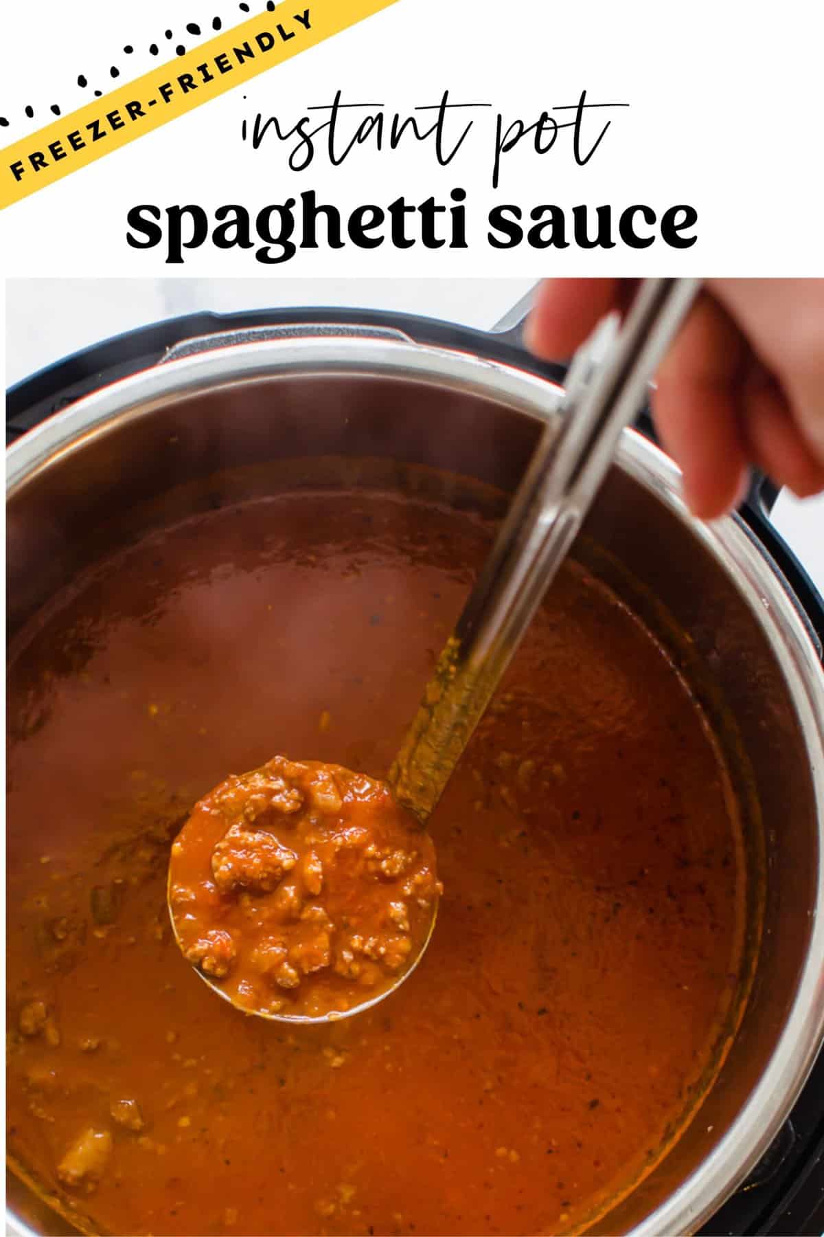 A ladle of spaghetti sauce being lifted out of an Instant Pot.