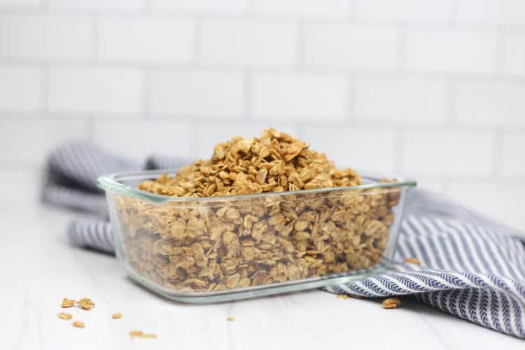 Homemade granola in a glass dish.