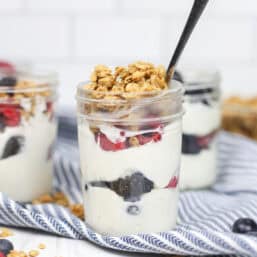Make ahead yogurt parfaits in small mason jars topped with granola.
