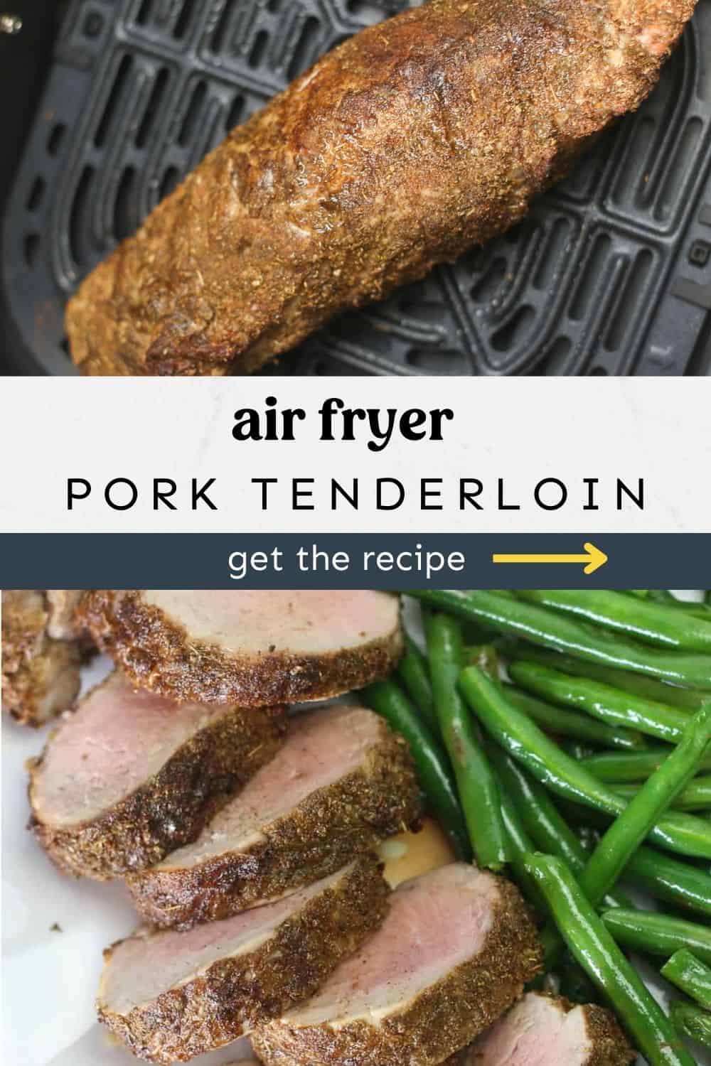 Pork tenderloin in the air fryer and some sliced on a platter with green beans.