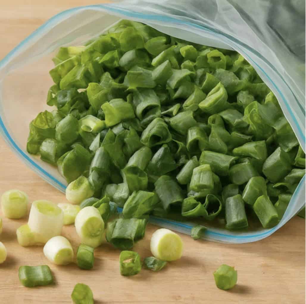 A freezer bag of chopped frozen green onions. 
