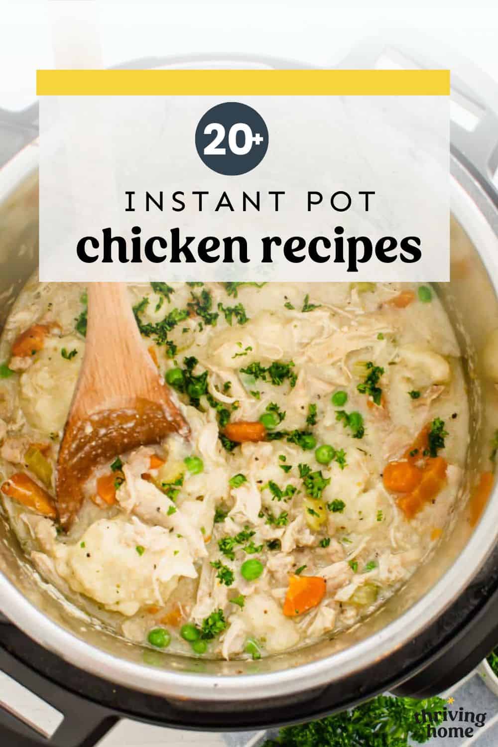 Instant Pot chicken and dumplings recipe with a serving spoon.