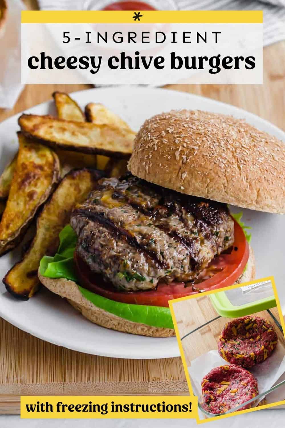 cheesy chive burger on a plate with steak fries.