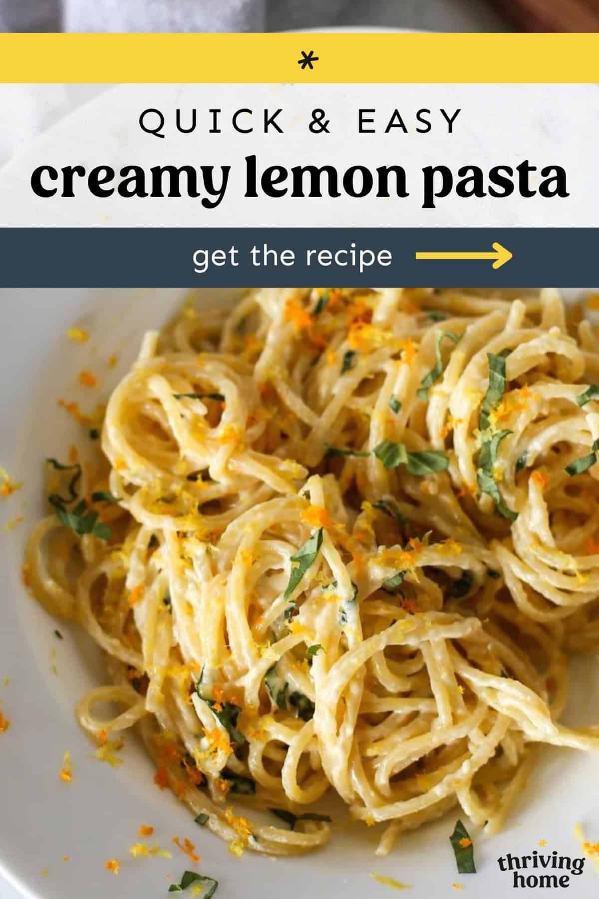 Bowl of creamy lemon pasta with fresh basil on top.