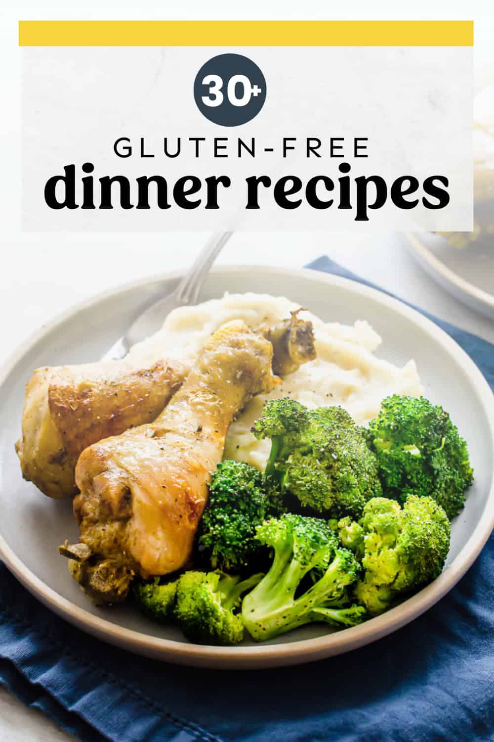 Gluten free dinner of drumsticks, steamed broccoli, and mashed potatoes on a plate.