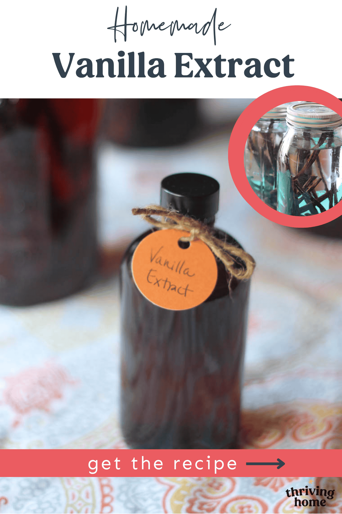 Jar of homemade vanilla with a tag on it.