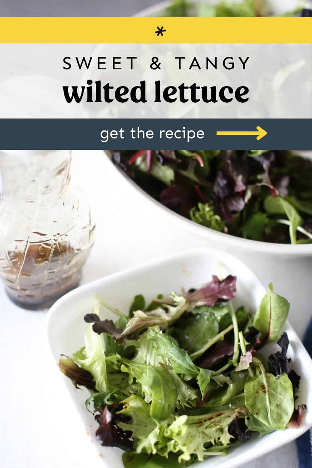 Wilted lettuce salad in a bowl with a jar of dressing next to it.