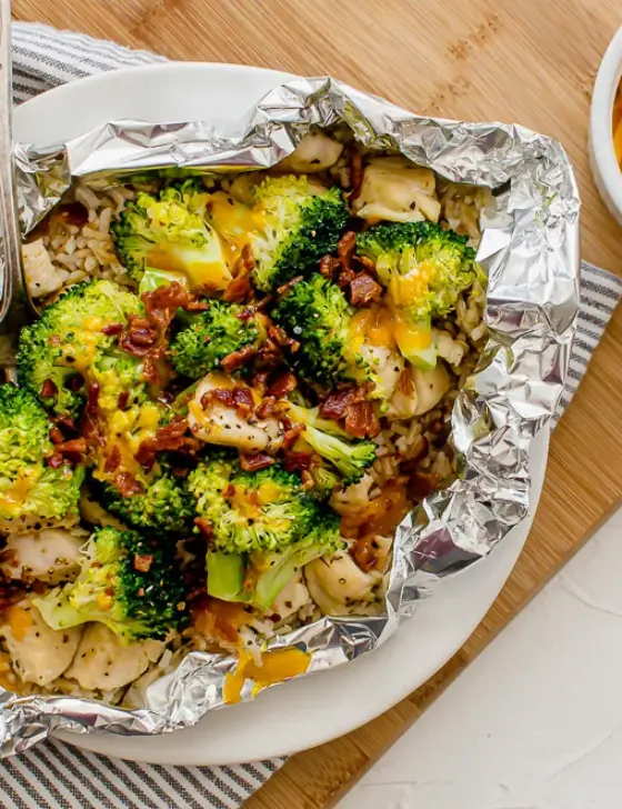 Chicken, Broccoli, and Rice Foil Packet open on a plate ready to eat.
