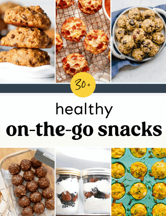 various healthy grab and go snacks like breakfast cookies, energy balls, egg bites, and yogurt parfaits.
