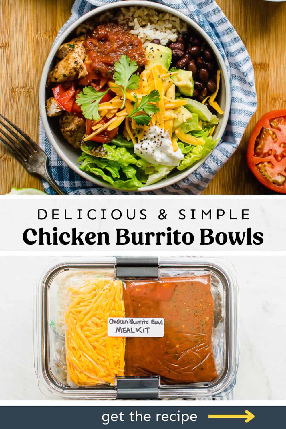 Two photos, top of a chicken burrito bowl and bottom of the ingredients packaged in freezer bags to make it a freezer meal.