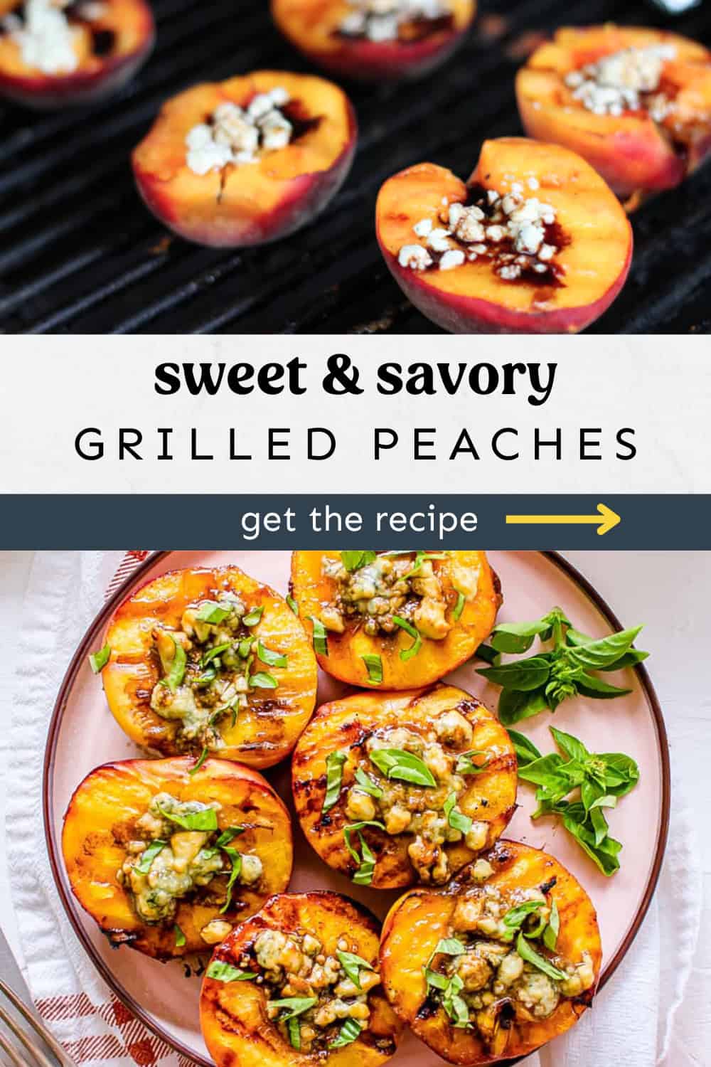 Two photos: peaches on a grill with cheese in the middle and grilled peaches on a platter.