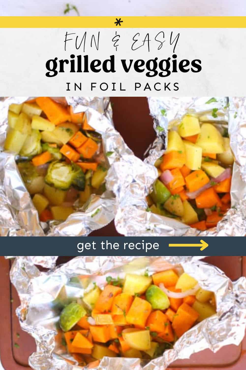 Veggies in foil packs off the grill ready to eat.