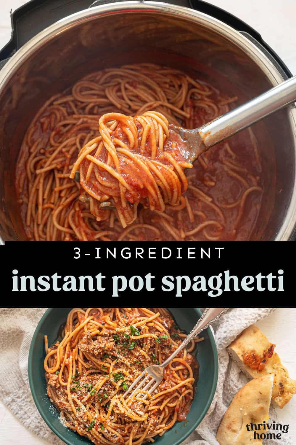 Top photo of spaghetti being served from the Instant Pot and bottom photo of the spaghetti in a bowl with grated Parmesan cheese on top.