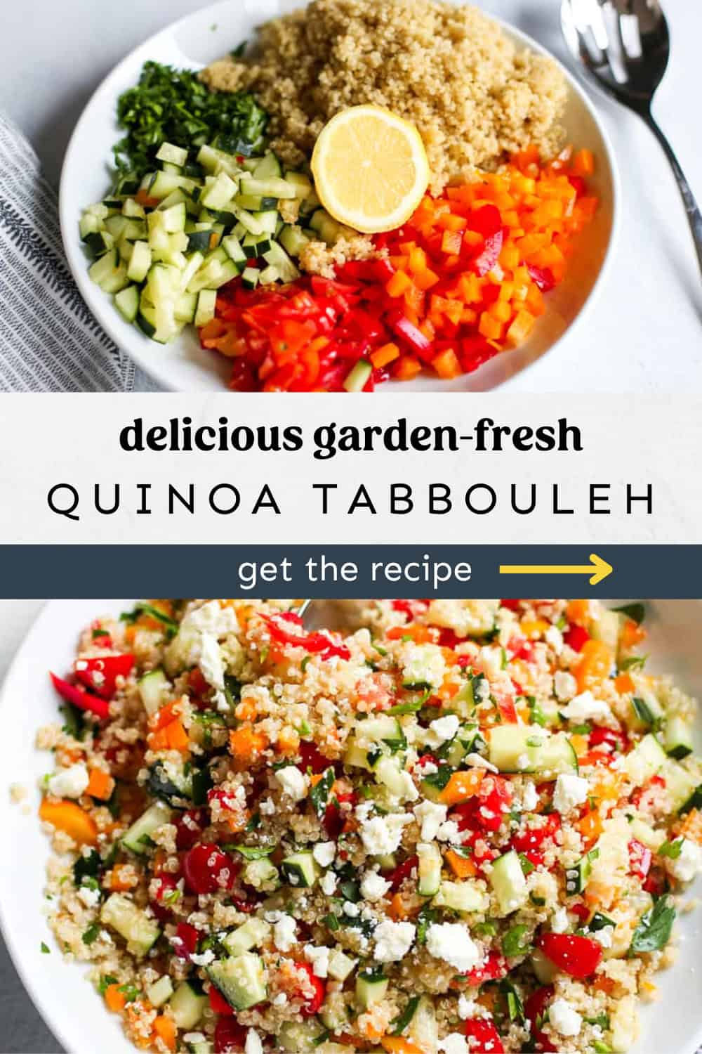 Two photos, one with the ingredients for quinoa tabbouleh in piles in a bowl and the other with all the ingredients mixed up.