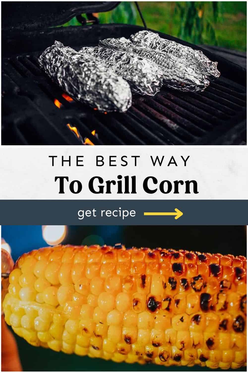 4 ear of corn wrapped in foil on a grill and another photo of charred corn on the cob.