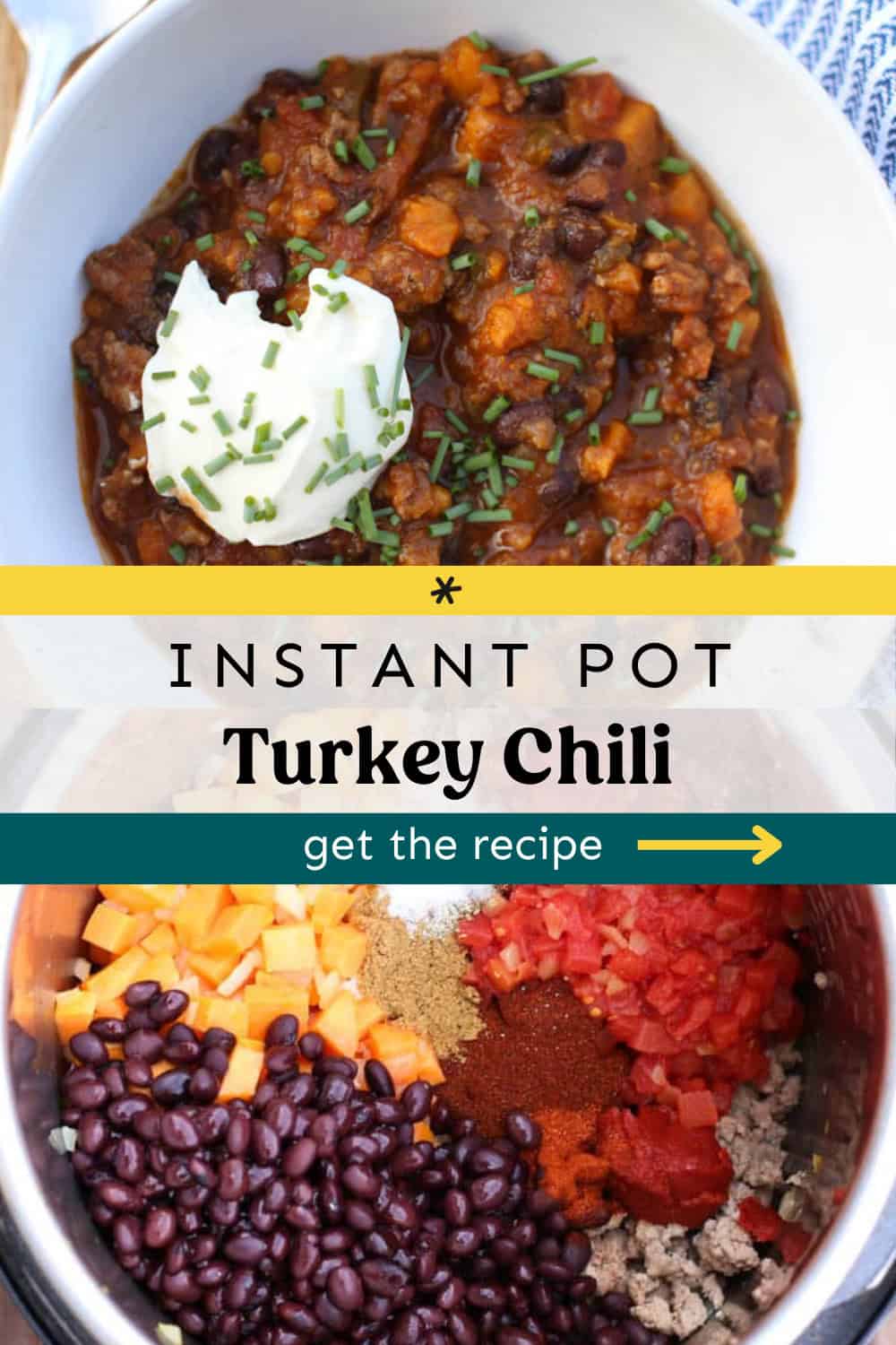 Top photo is of a bowl of turkey chili with a dollop of a sour cream and the bottom is all the ingredients in the Instant Pot before cooking.