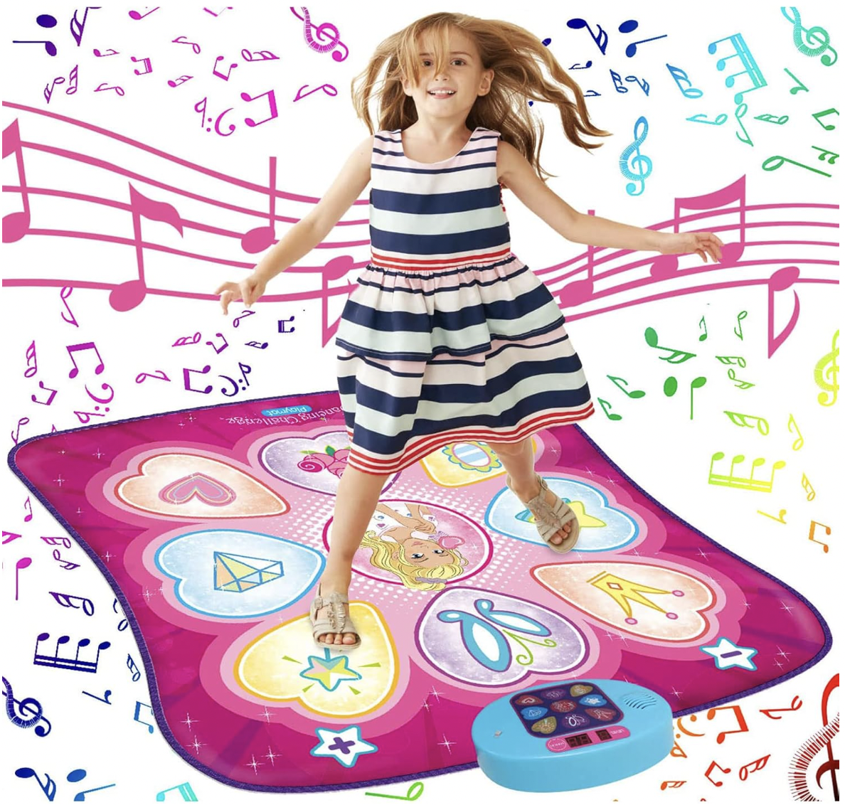 A young girl dancing on a mat.