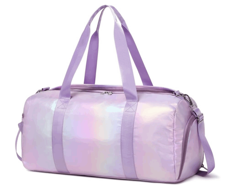 A shiny purple duffle bag.