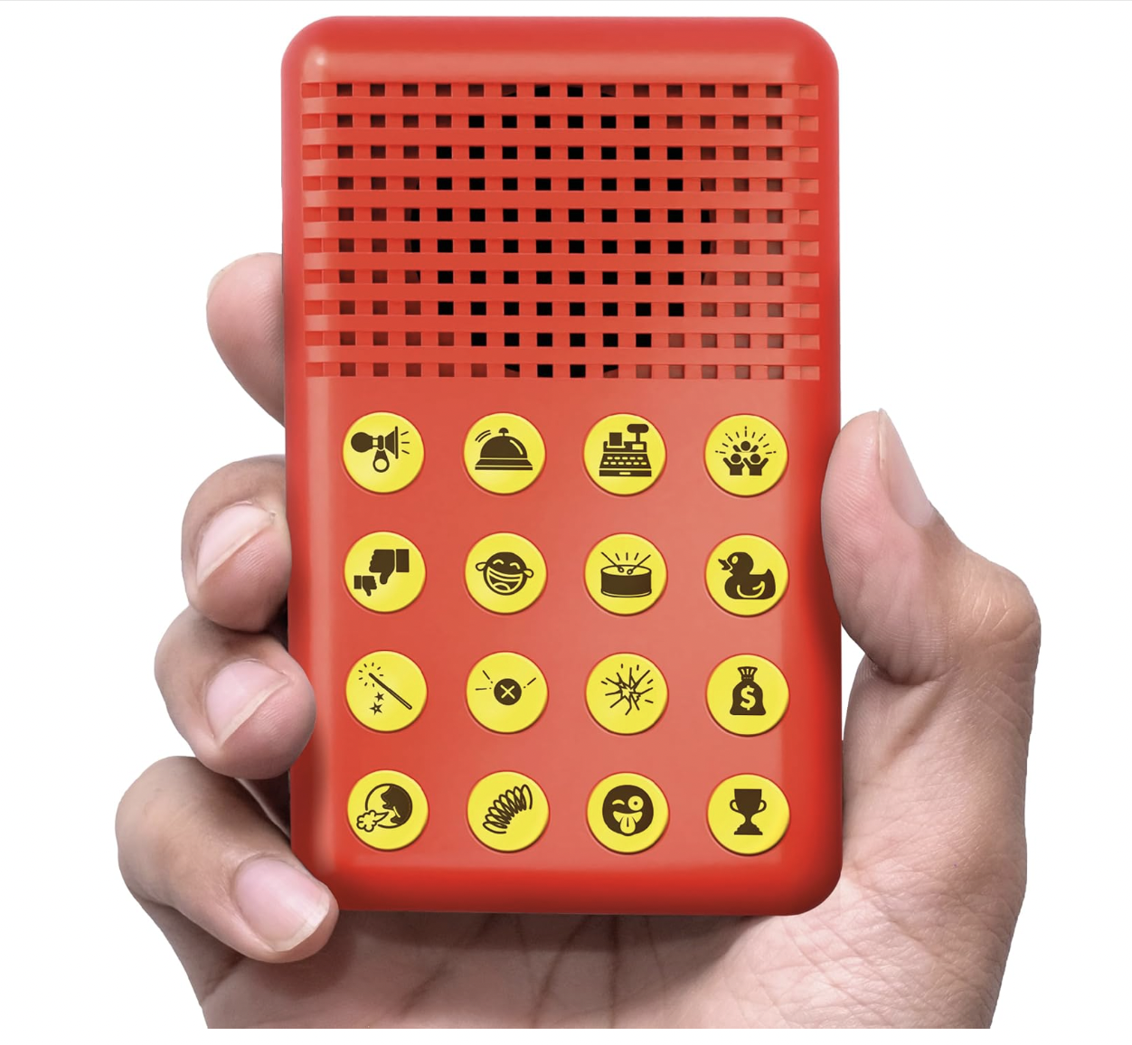 Red noise machine with yellow buttons.