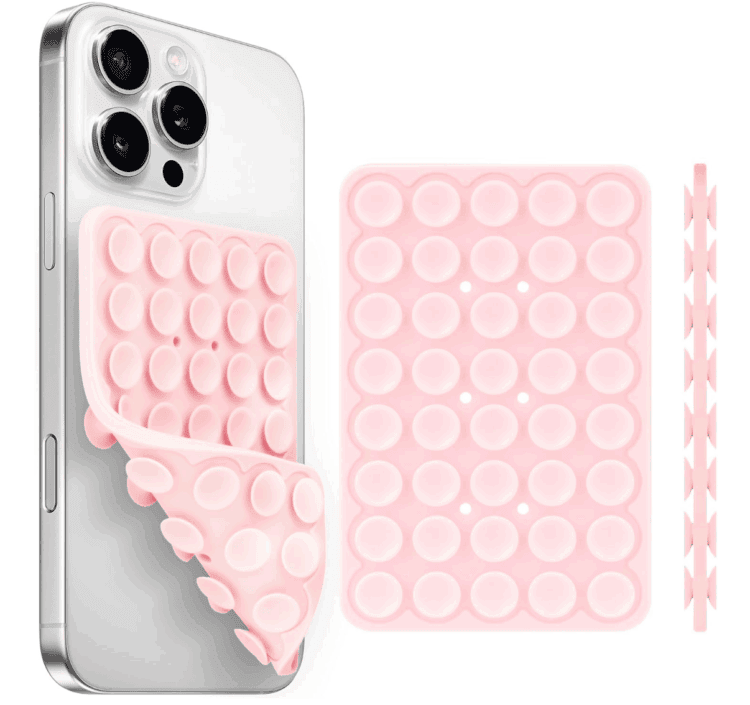Pink suction phone holder.