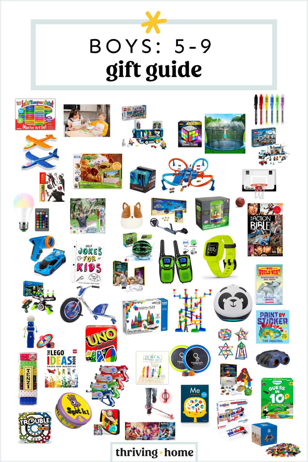  A collage image of 50+ gift ideas for boys. 