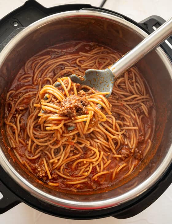 Spaghetti with meat being served from the Instant Pot.