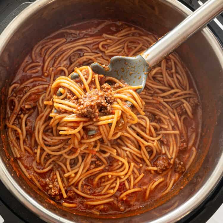 Spaghetti with meat being served from the Instant Pot.