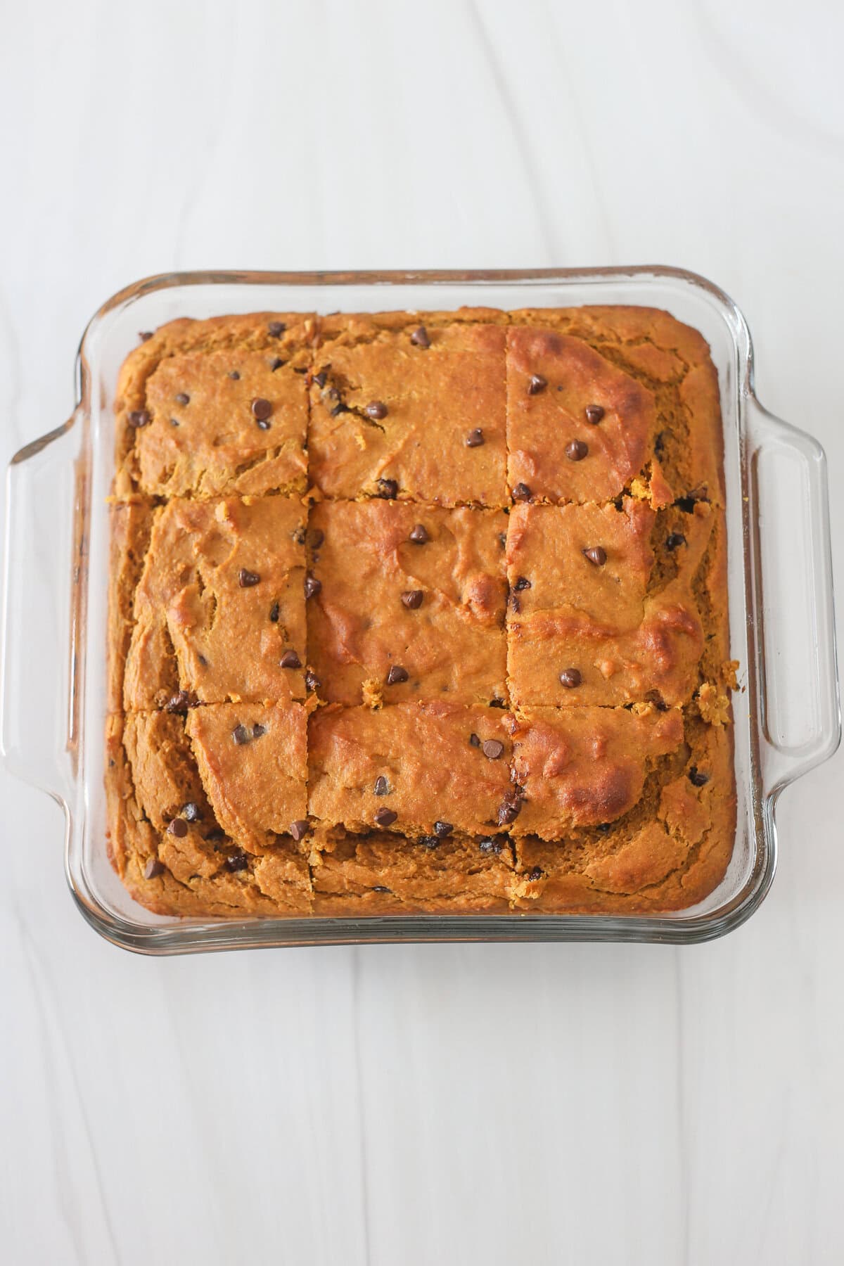 Make ahead banana breakfast cake in a square baking dish.