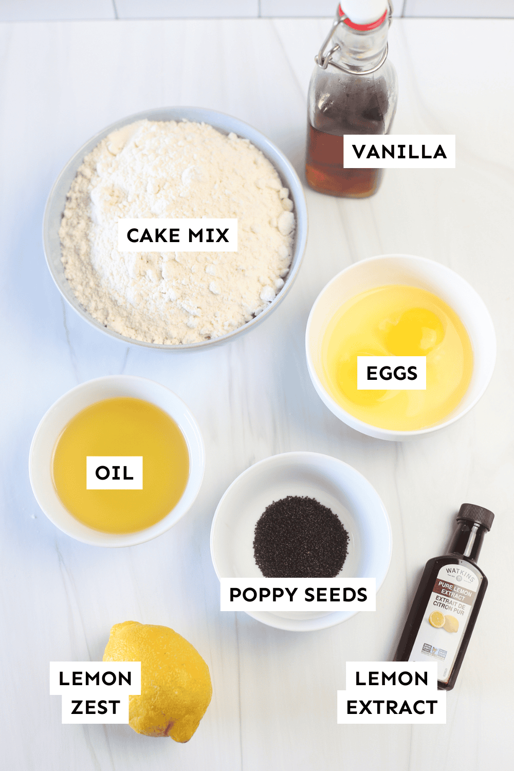 Lemon poppyseed cake mix cookie ingredients measured out and labeled.