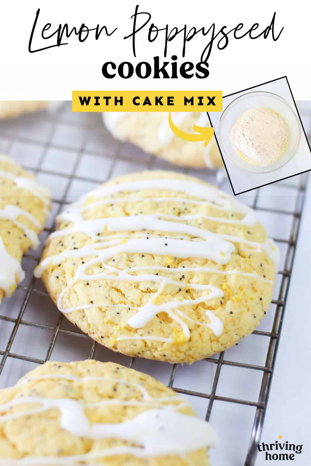 Lemon poppyseed cake mix cookies cooling on a baking rack with a lemon glaze on top.