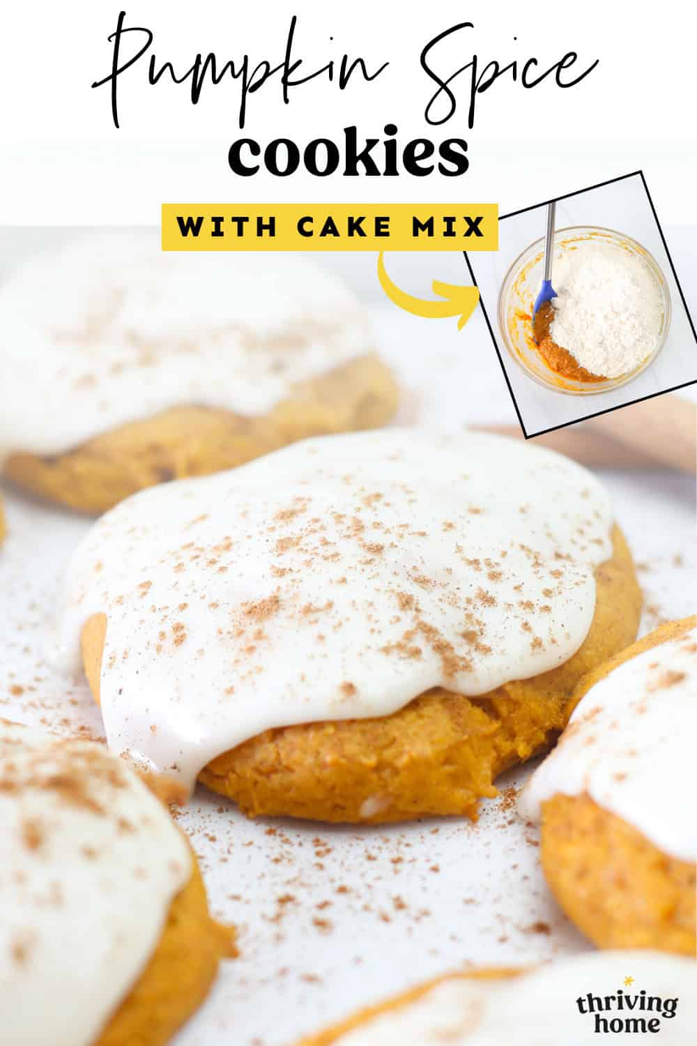 Pumpkin spice cake mix cookies with icing on parchment paper with an inset photo of cake mix and pumpkin puree being mixed together.