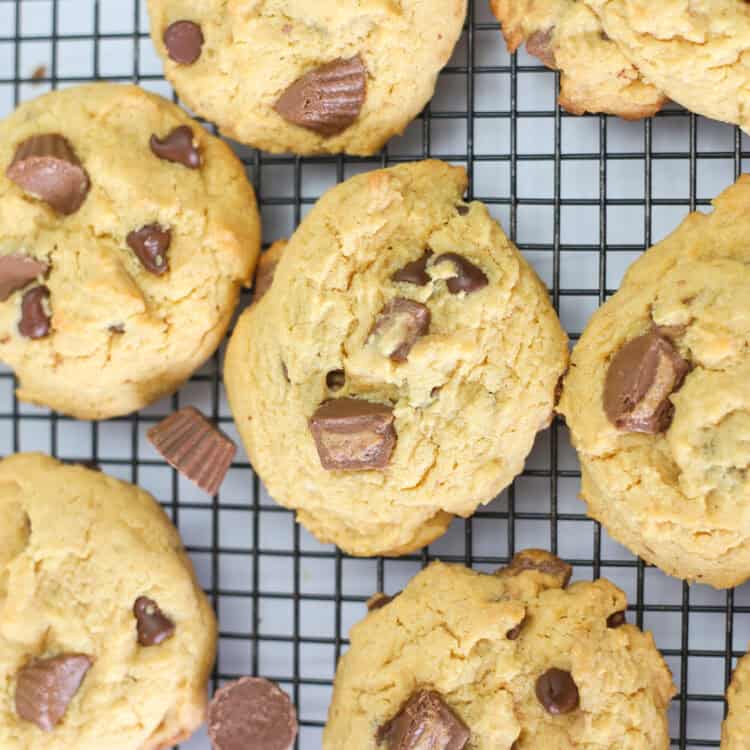 Reese's peanut butter cup cake mix cookies on a cooling rack with extra mini peanut butter cups sprinkled around.