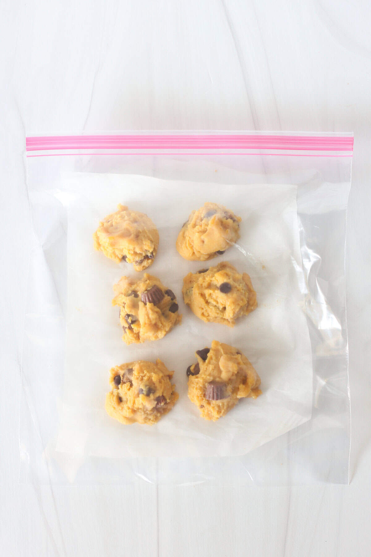 Peanut butter cup cake mix cookie dough in a freeze bag.