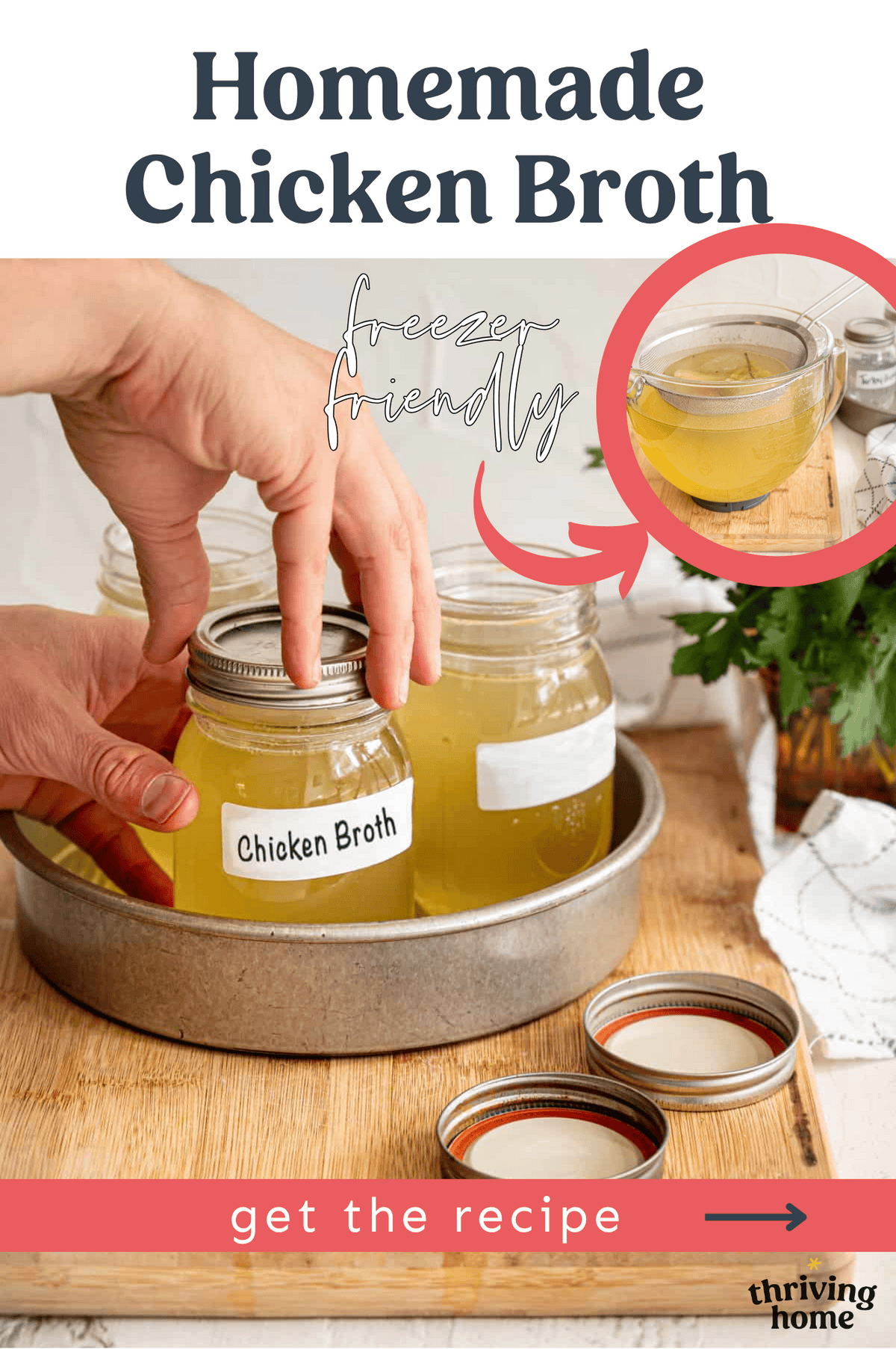 Homemade chicken broth being put in mason jars.