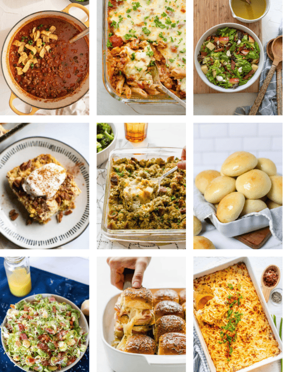 Fall potluck meal ideas including chili, casseroles, salads, dessert, and more.