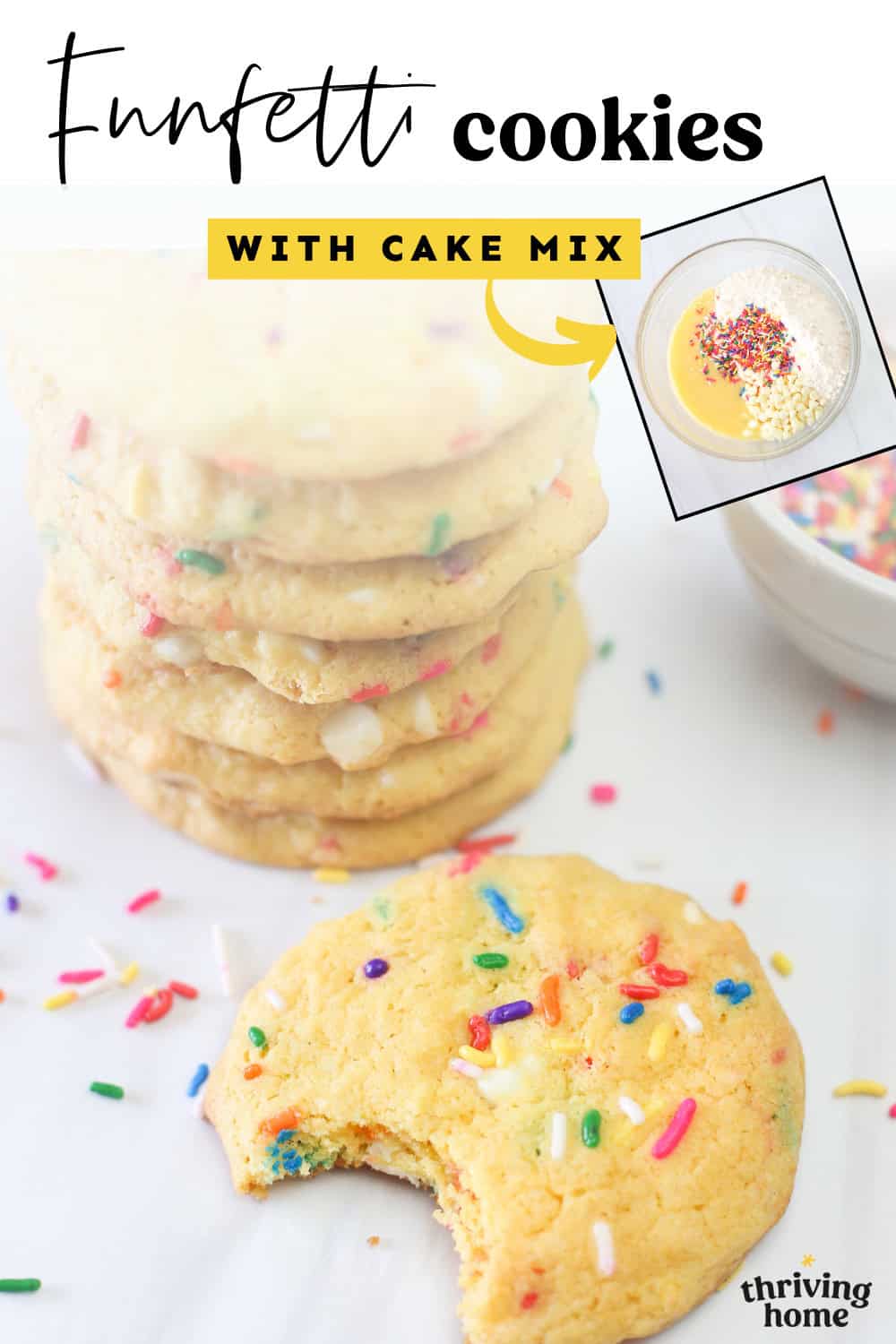 Funfetti cake mix cookies stacked up with an inset of Funfetti cake mix cookie dough ingredients.