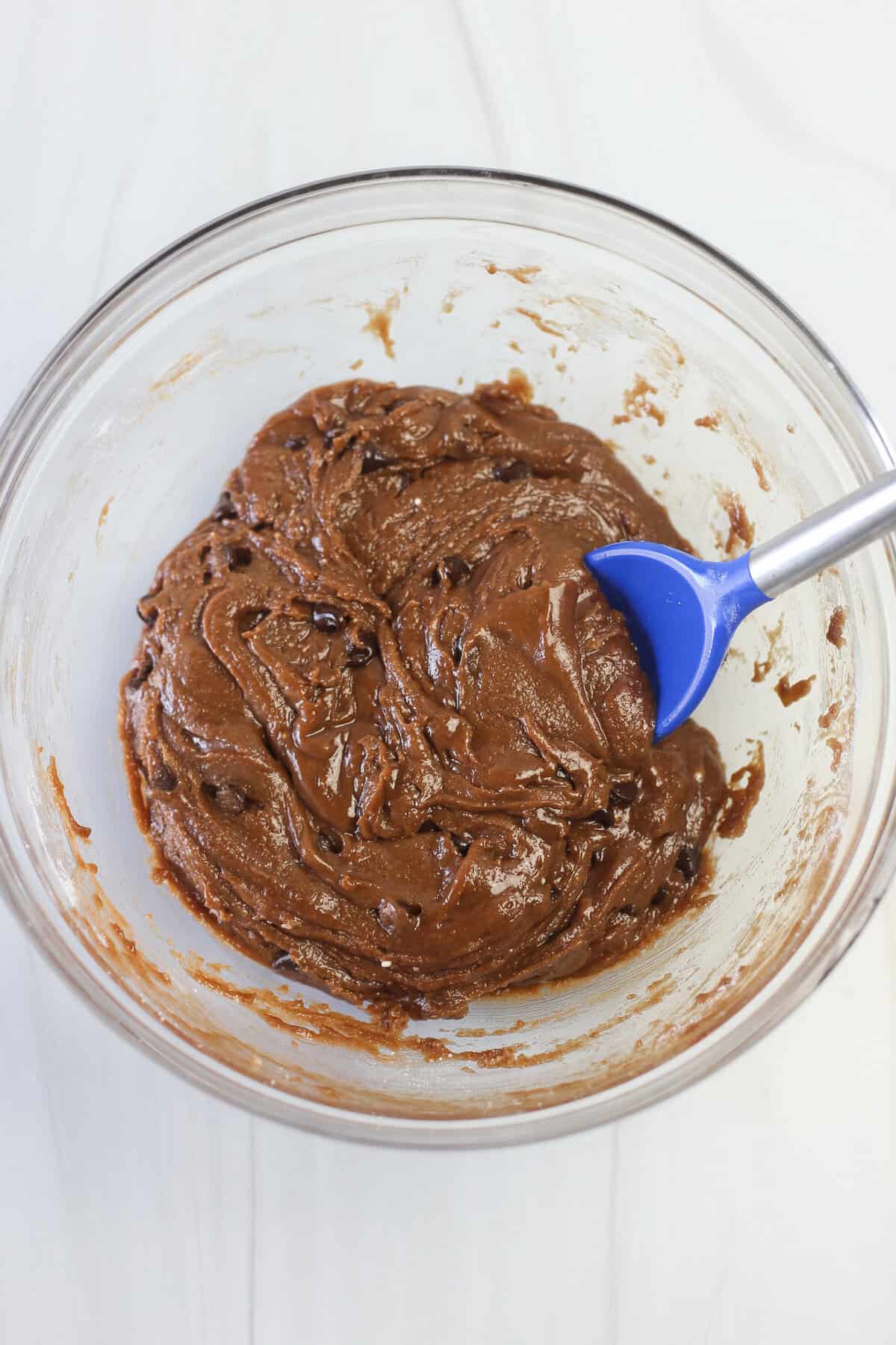 Nutella cake mix cookie dough in a mixing bowl.