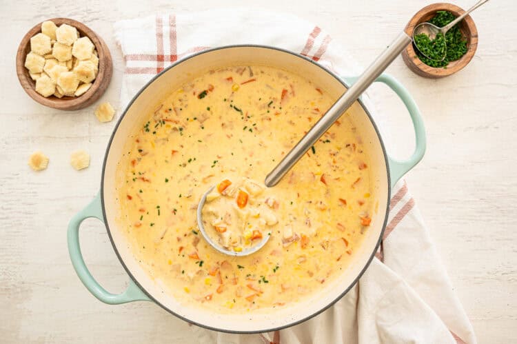 A large pot of Autumn Potato Corn Chowder.