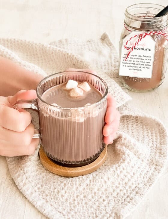 Two hands holding a glass mug of homemade hot chocolate with mini marshmallows.