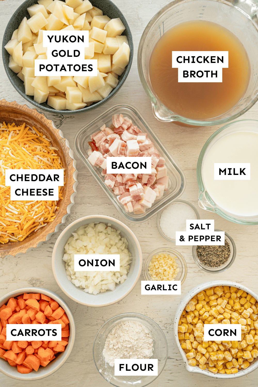 Potato corn chowder ingredients measured out and labeled.