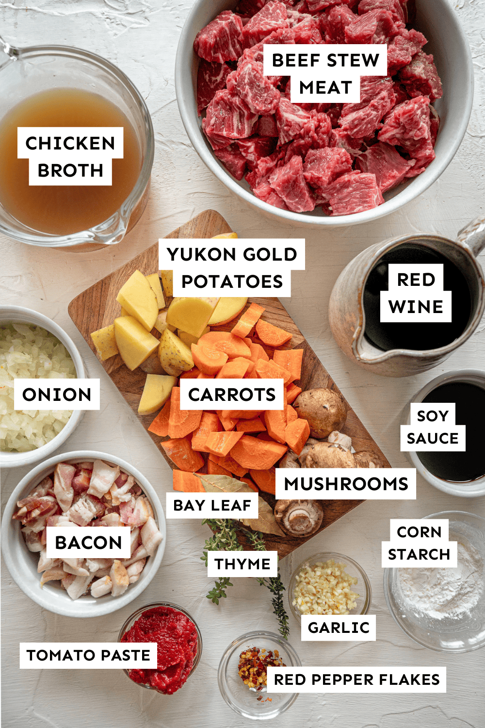 Beef bourguignon ingredients measured out and labeled.