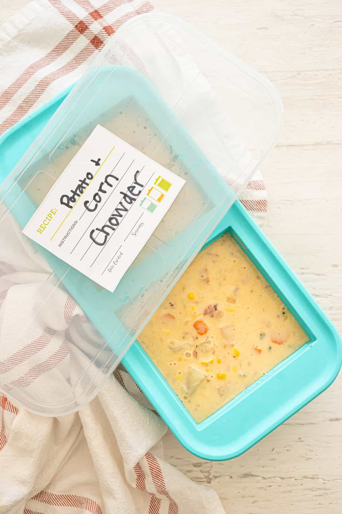 Souper cubes filled with potato corn chowder ready to freeze.