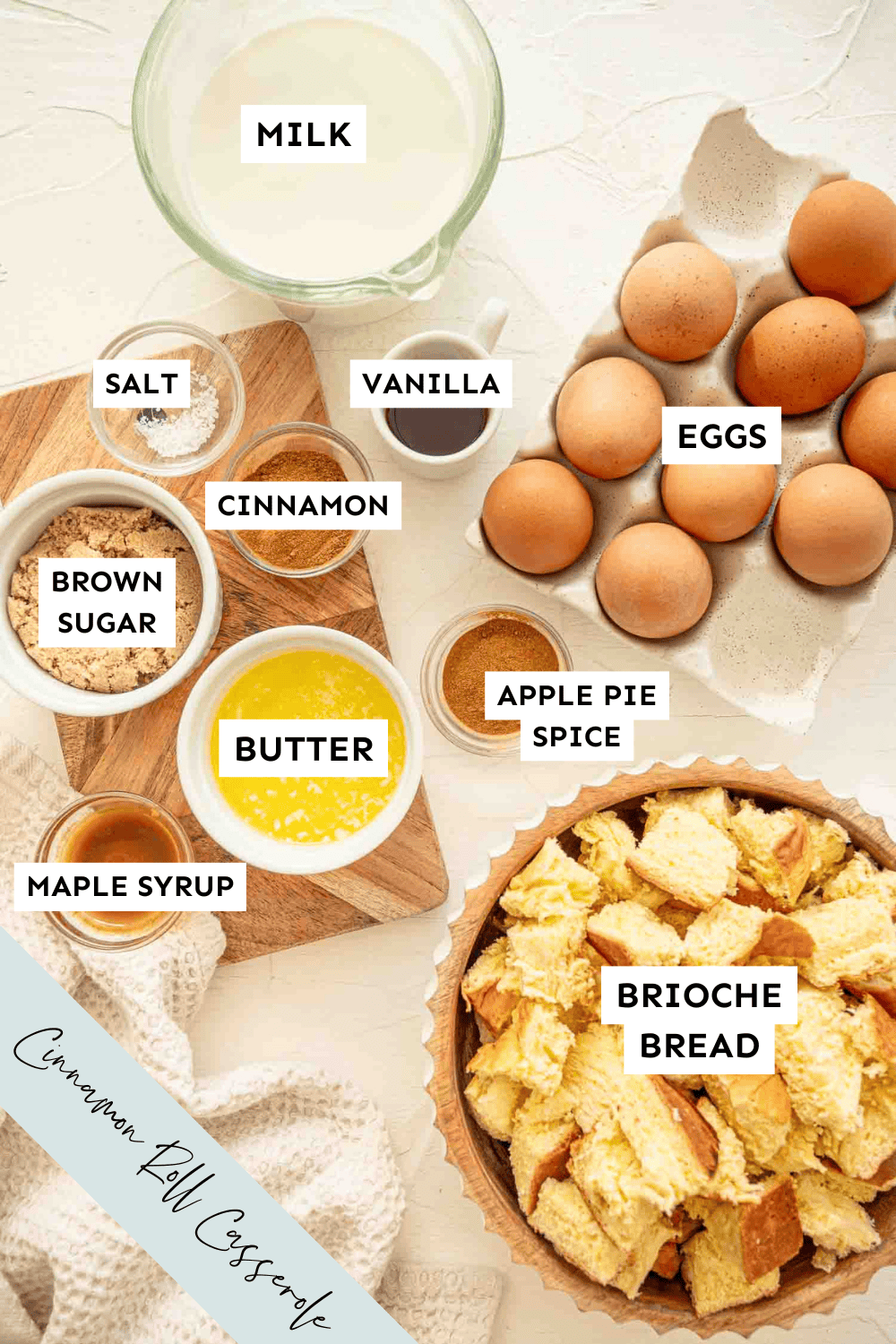 Cinnamon roll casserole ingredients measured out and labeled.