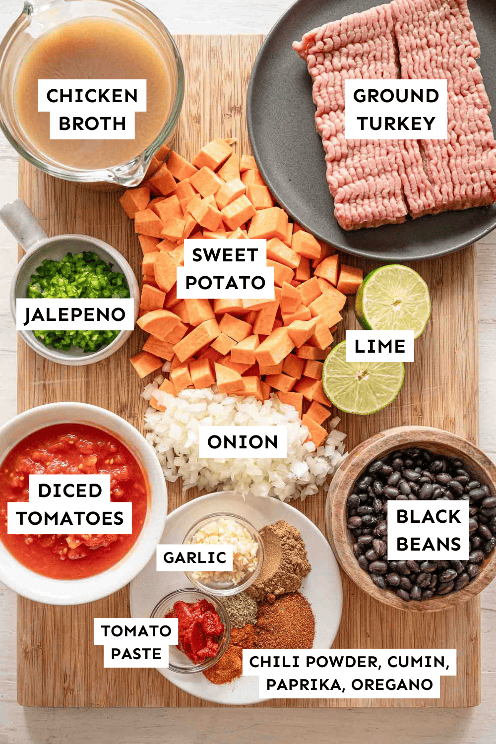 Turkey and sweet potato chili ingredients measured out and labeled.