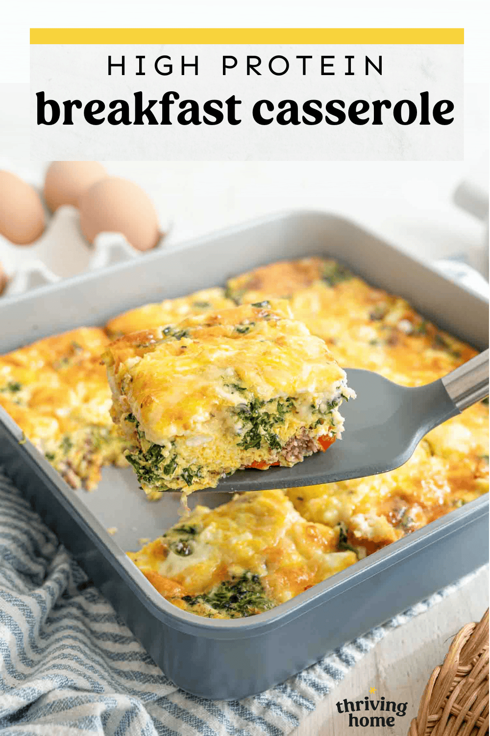 High protein breakfast casserole being served with a spatula.