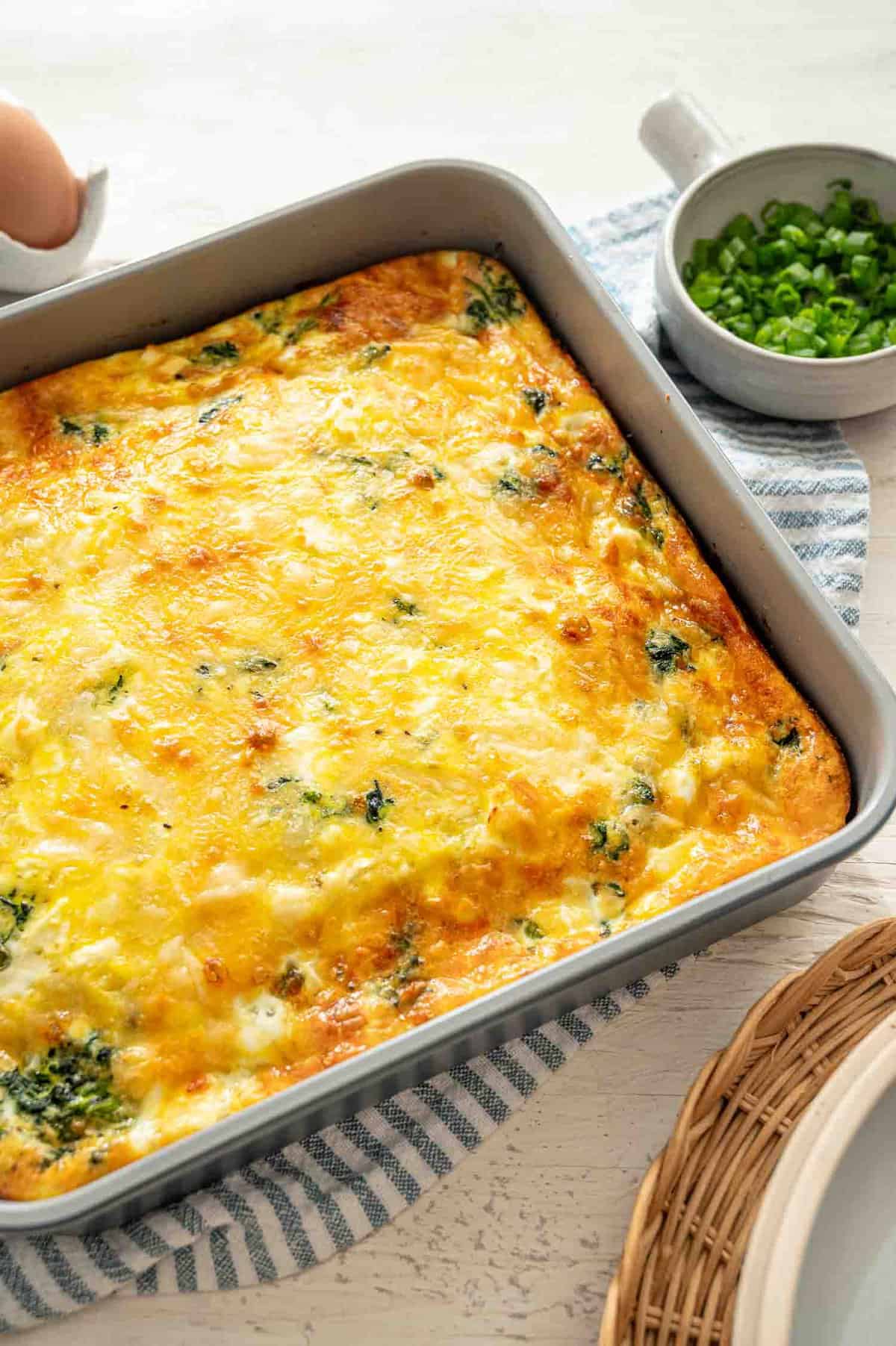 A high protein low carb breakfast casserole straight from the oven ready to serve.