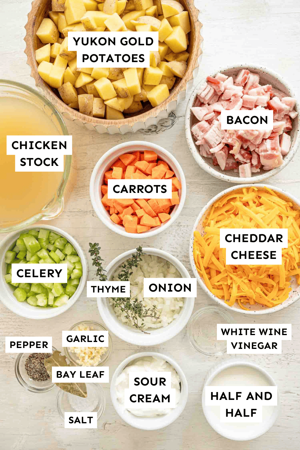 Cheddar and bacon soup ingredients measured out and labeled.