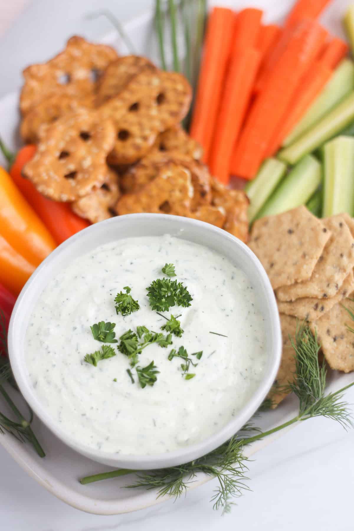 A platter of crackers and veggie sticks with a bowl of cottage cheese ranch dip.